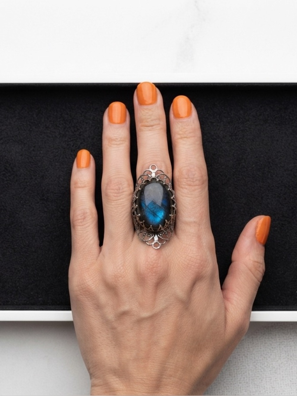 Vintage-Style Blue Cabochon Statement Ring - Women's Jewelry